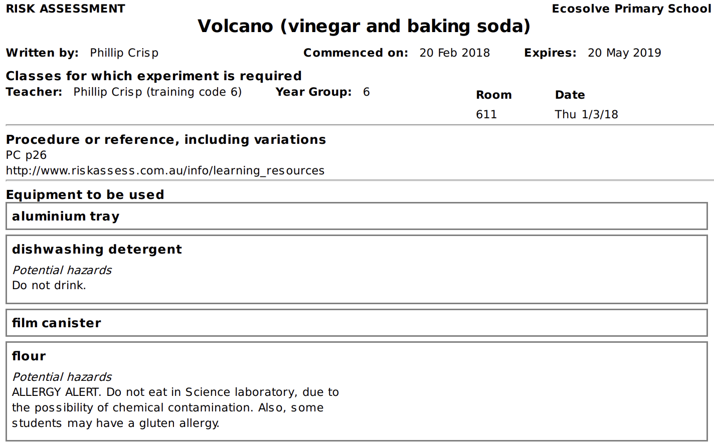 Sample risk assessment