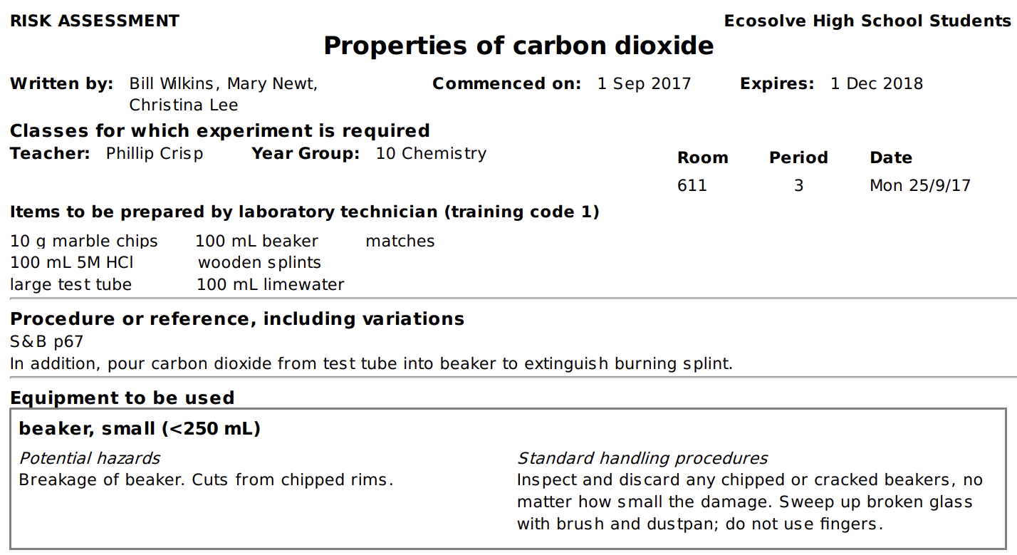 Sample risk assessment