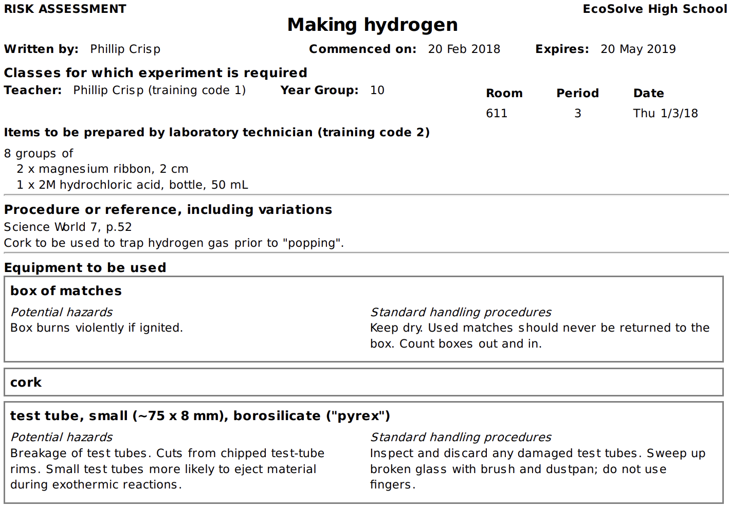 Sample risk assessment