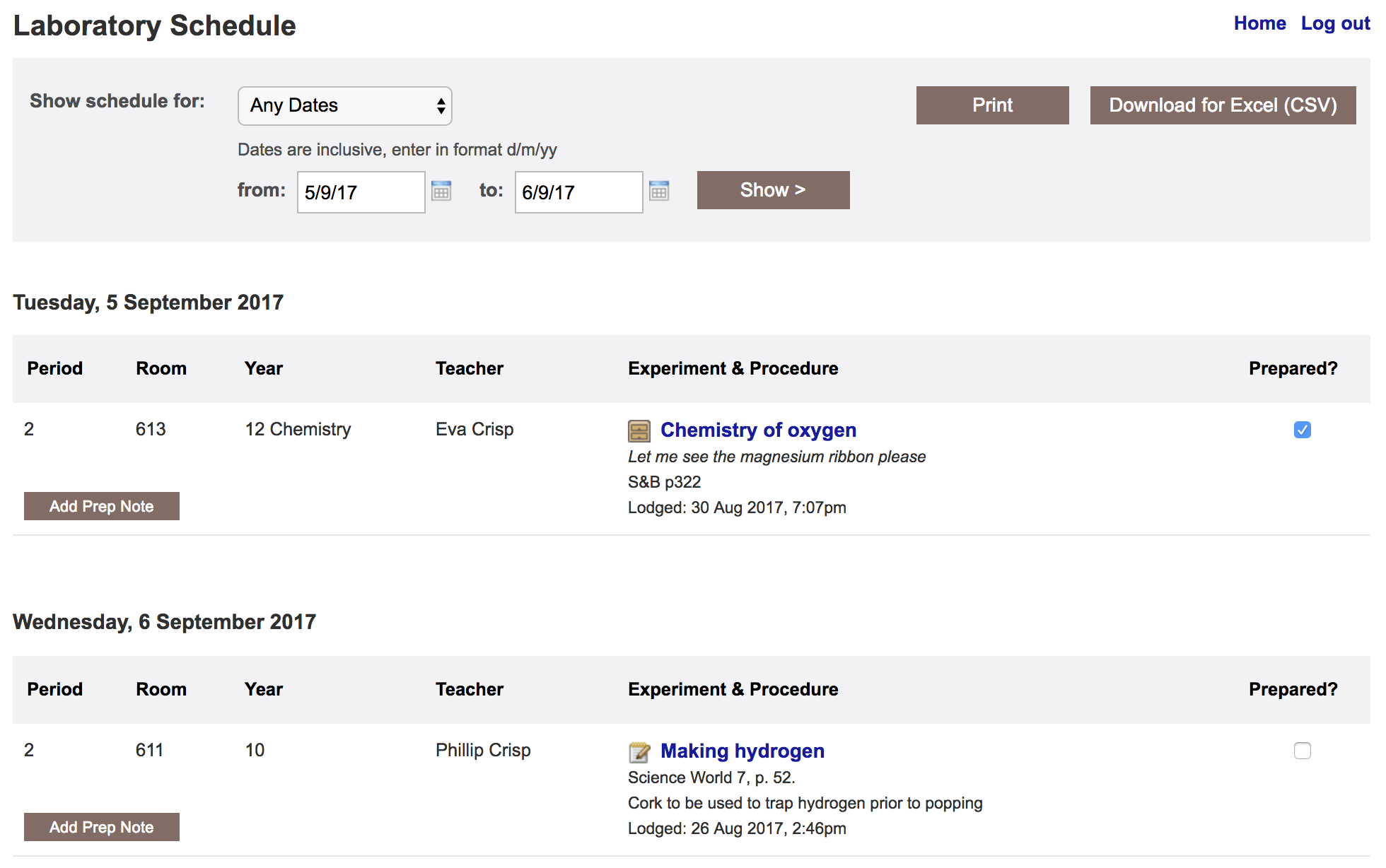 Scheduling screen